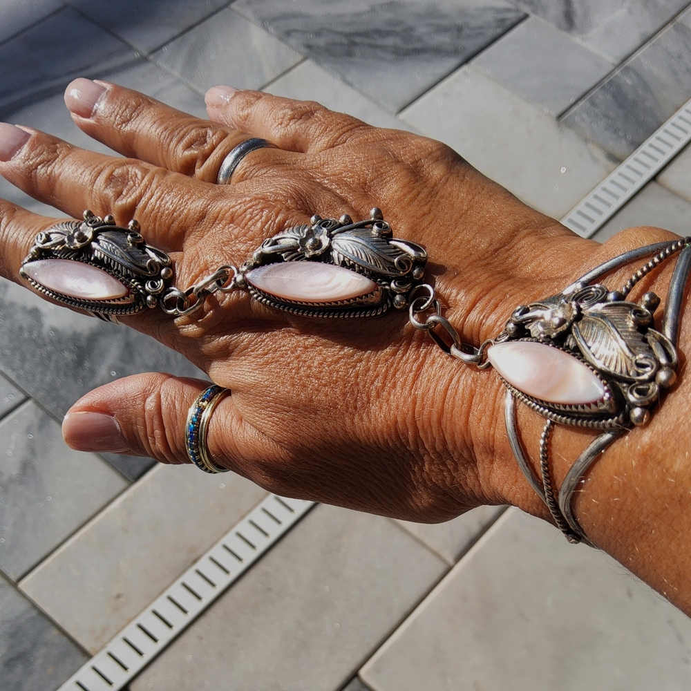 SOLD Native Made Hand Chain Stamped N Signed , Gorgeous Pink 44grams Sterling